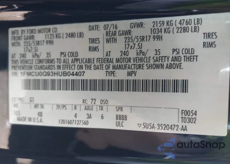 2017 Ford Escape Se from USA, damaged, VIN 1FMCU0G93HUB04407